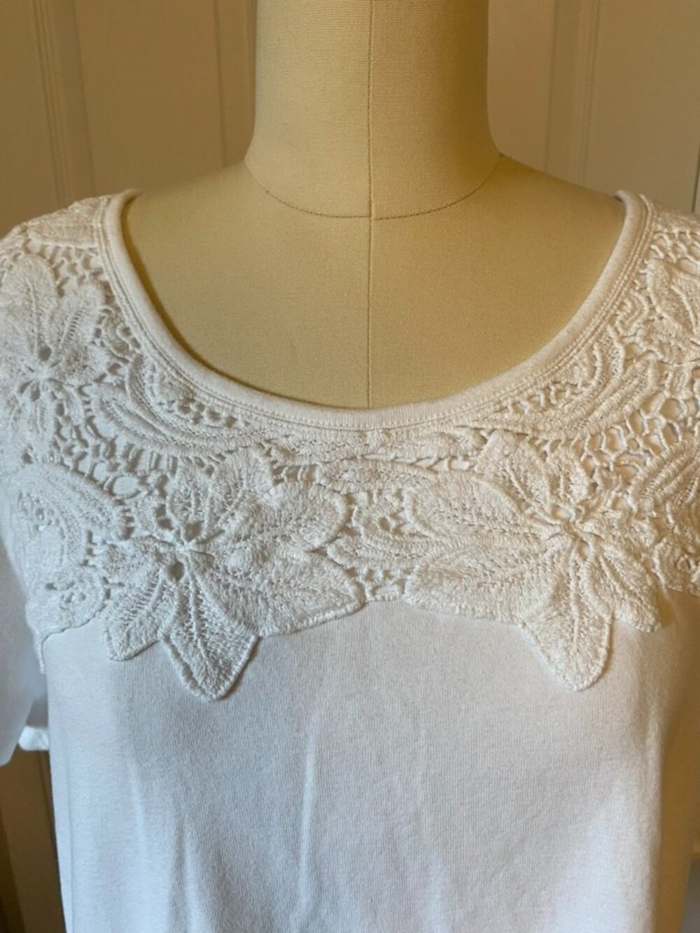 Karen Scott Short Sleeve Top With Lace Neckline  XXL